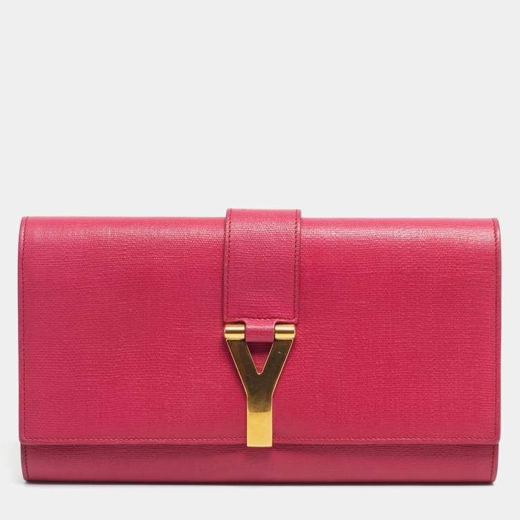 Pre Owned Saint Laurent Fuchsia Textured Leather Ligne Y Clutch