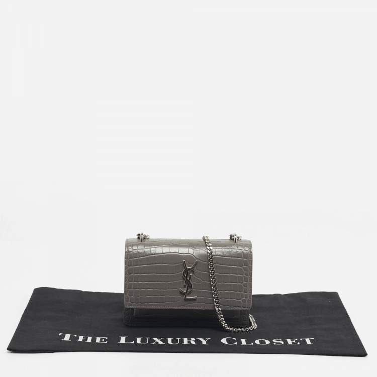 Pre Owned Saint Laurent Grey Croc Embossed Leather Mini Sunset Chain Bag