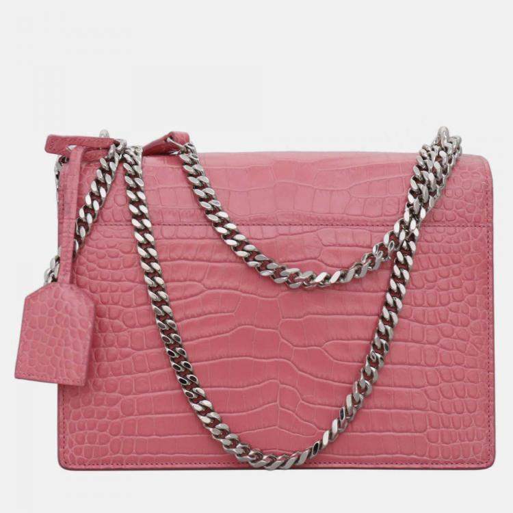 Pre Owned Saint Laurent Paris Croco Embossed Sunset Medium Chain Shoulder Bag