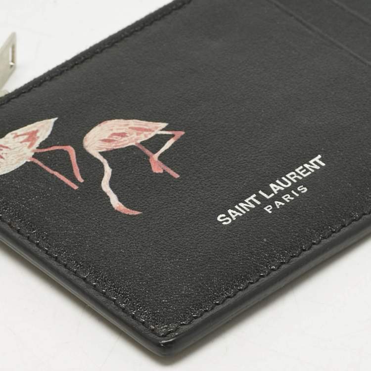 Pre Owned Saint Laurent Black Leather Flamingo 5 Fragments Zip Card Holder