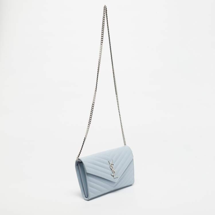 Pre Owned Saint Laurent Blue Matelassé Leather Cassandre Wallet on Chain