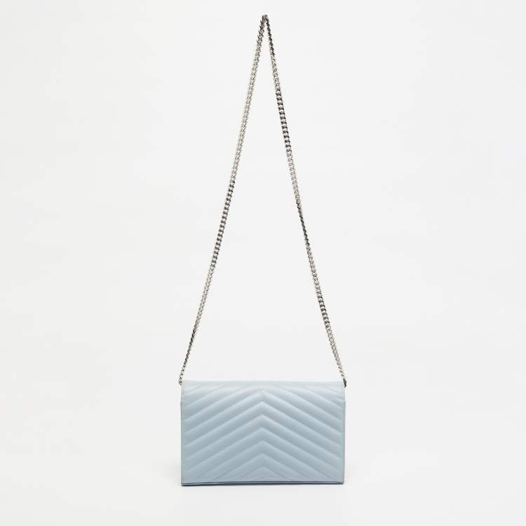 Pre Owned Saint Laurent Blue Matelassé Leather Cassandre Wallet on Chain