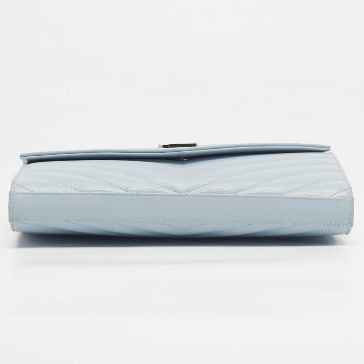 Pre Owned Saint Laurent Blue Matelassé Leather Cassandre Wallet on Chain