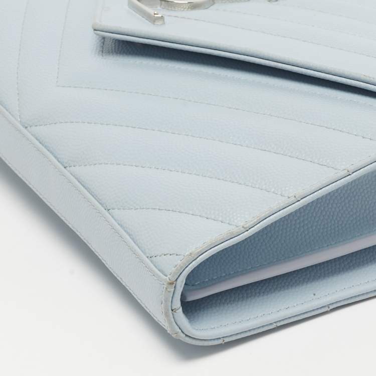 Pre Owned Saint Laurent Blue Matelassé Leather Cassandre Wallet on Chain