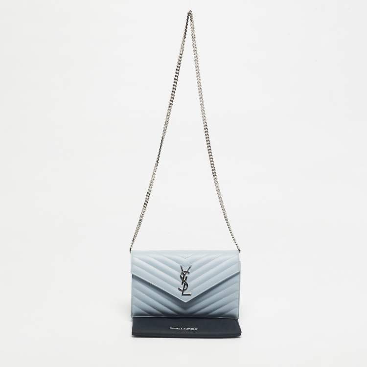 Pre Owned Saint Laurent Blue Matelassé Leather Cassandre Wallet on Chain