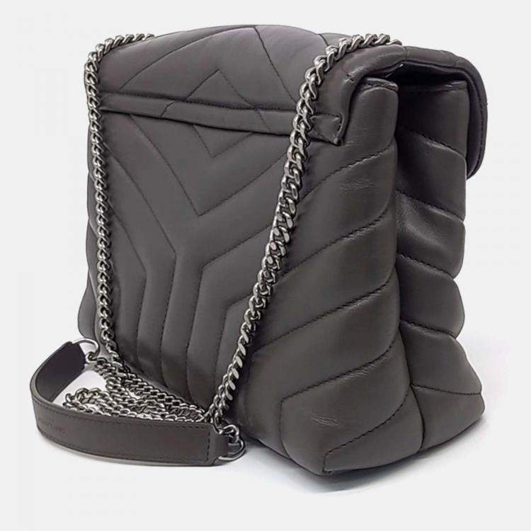 Pre Owned Saint Laurent Paris Grey Leather Monogram Lulu Crossbody Bag