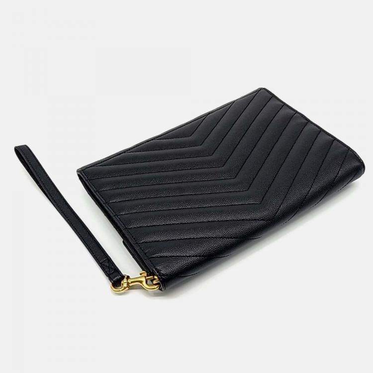 Pre Owned Saint Laurent Paris Black Leather Monogram Envelope Clutch