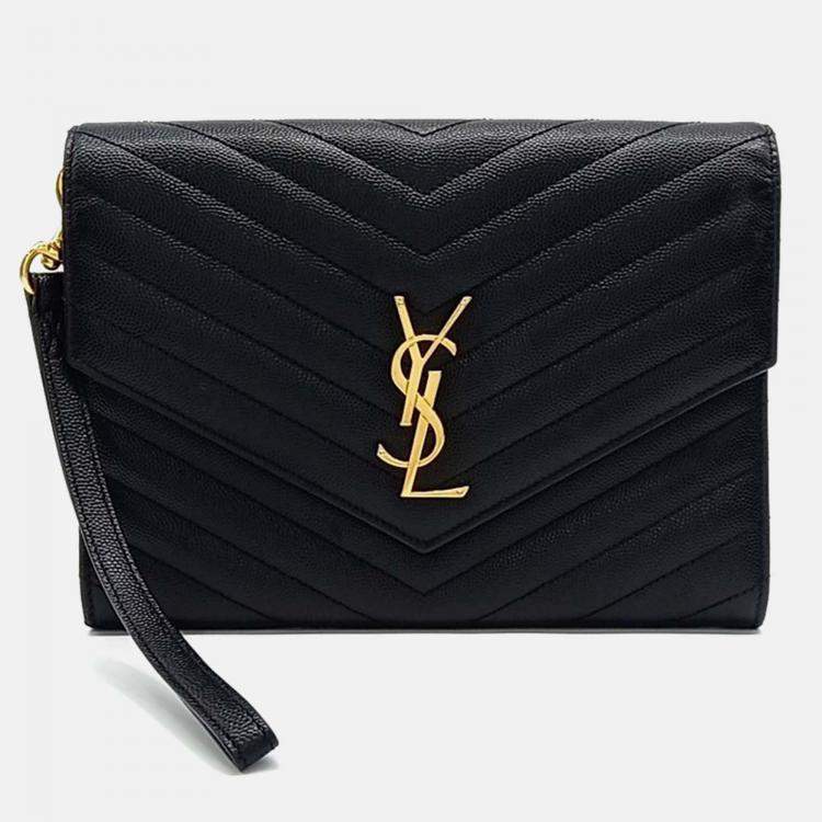 Pre Owned Saint Laurent Paris Black Leather Monogram Envelope Clutch