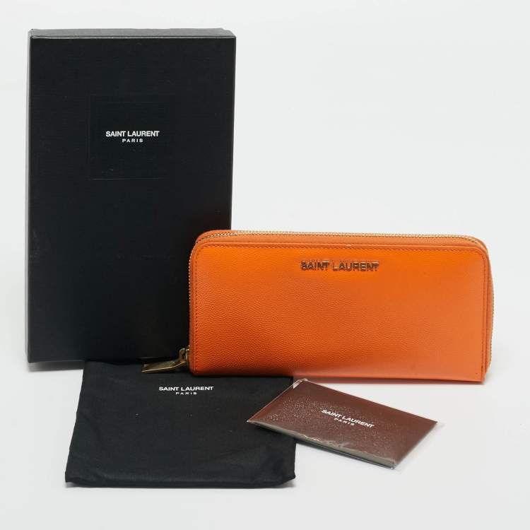 Pre Owned Saint Laurent Orange Leather Logo Zip Continental Wallet
