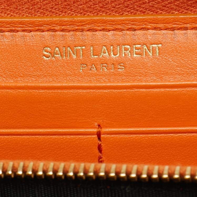 Pre Owned Saint Laurent Orange Leather Logo Zip Continental Wallet