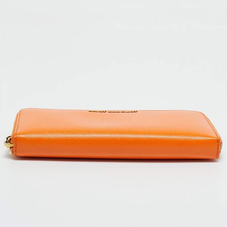 Pre Owned Saint Laurent Orange Leather Logo Zip Continental Wallet