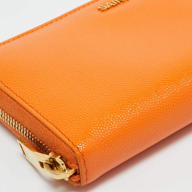 Pre Owned Saint Laurent Orange Leather Logo Zip Continental Wallet