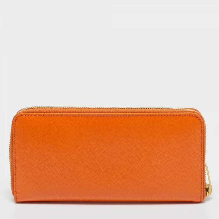 Pre Owned Saint Laurent Orange Leather Logo Zip Continental Wallet