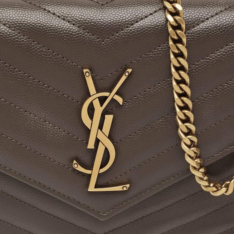 Pre Owned Saint Laurent Olive Green Matelassé Leather Cassandre Wallet on Chain