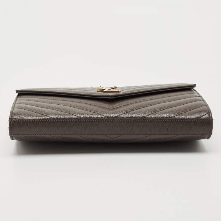 Pre Owned Saint Laurent Olive Green Matelassé Leather Cassandre Wallet on Chain