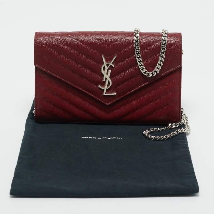 Pre Owned Saint Laurent Red Matelassé Leather Cassandre Envelope Wallet on Chain