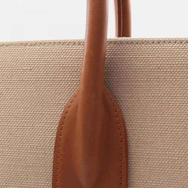 Pre Owned Saint Laurent Sac Du Jour Thin Large Tote Bag Canvas Leather Beige Brown