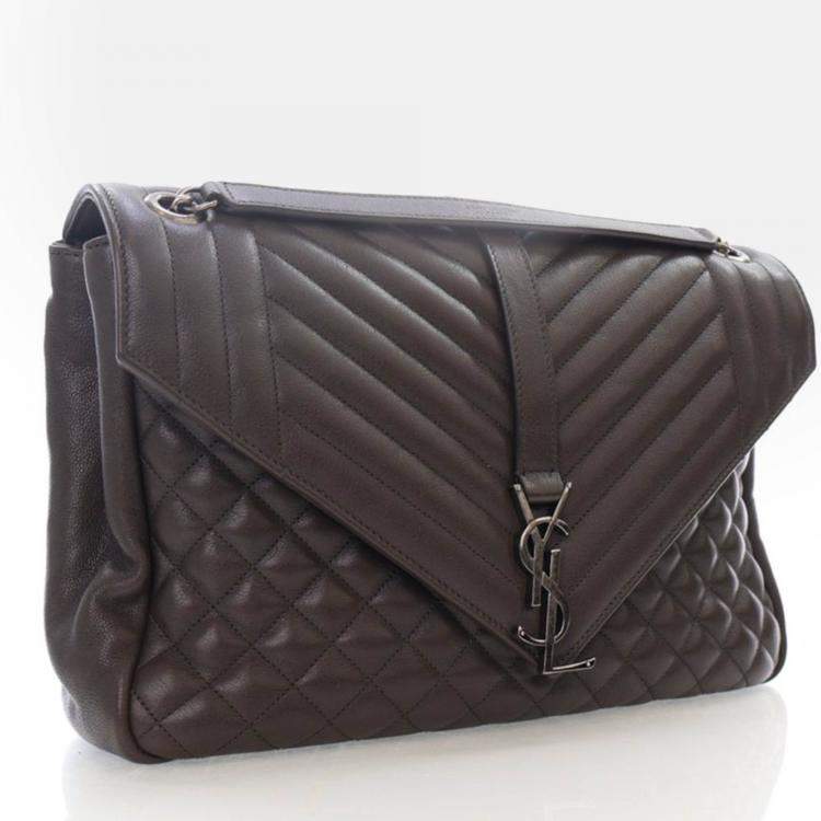 Pre Owned Saint Laurent Large Grey Calfskin Triquilt Envelope Shoulder Bag