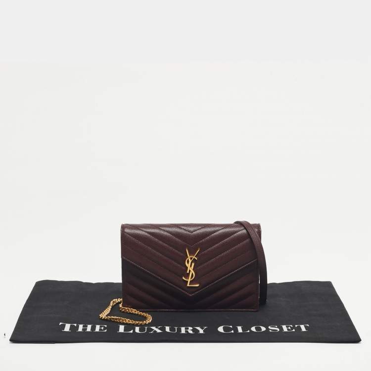 Pre Owned Saint Laurent Burgundy Matelassé Leather Monogram Envelope Wallet on Chain