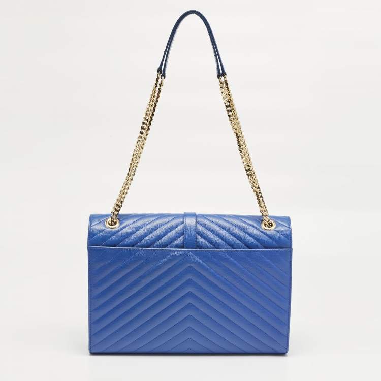Pre Owned Saint Laurent Blue Chevron Leather Large Monogram Envelope Shoulder Bag