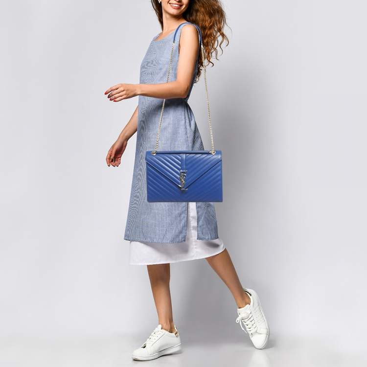 Pre Owned Saint Laurent Blue Chevron Leather Large Monogram Envelope Shoulder Bag