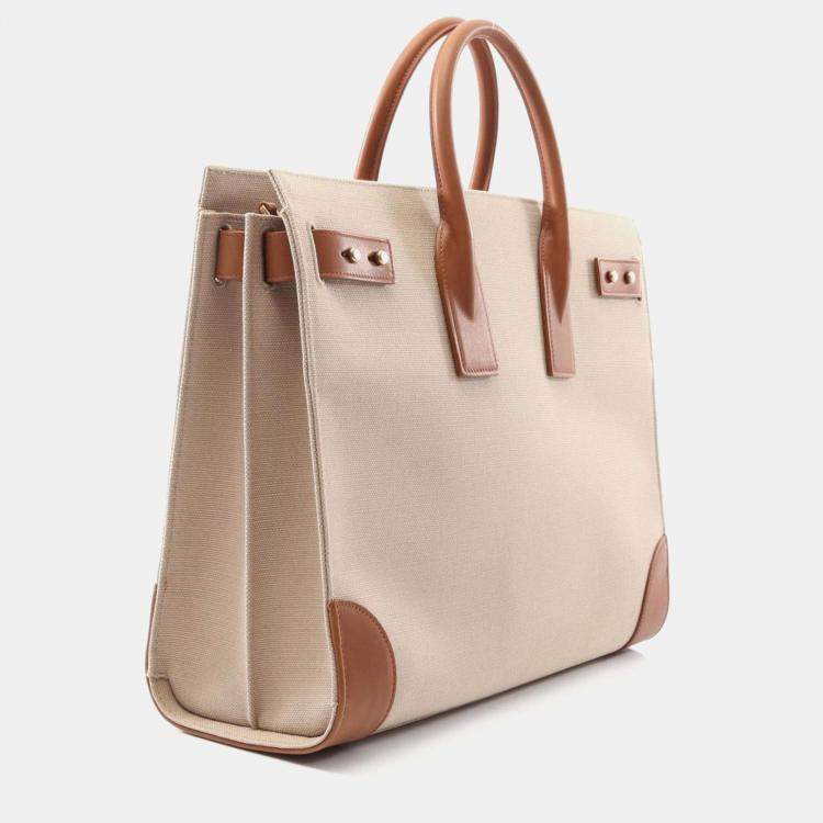 Pre Owned Saint Laurent Sac Du Jour Thin Large Tote Bag Canvas Leather Beige Brown