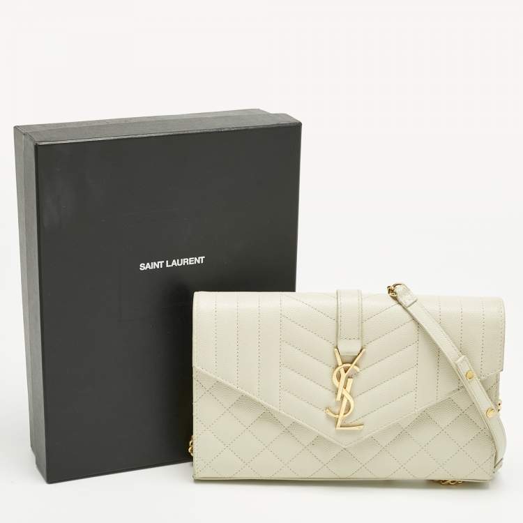 Pre Owned Saint Laurent White Mixed Quilted Leather Envelope Monogram Chain Bag