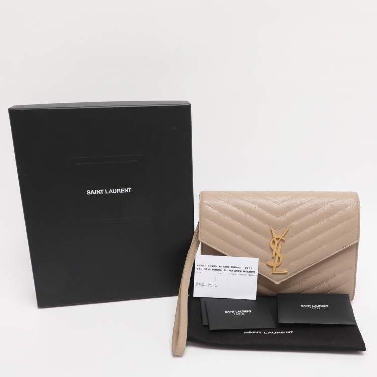 Pre Owned Saint Laurent Beige Chevron Leather Monogram Envelope Wristlet Clutch