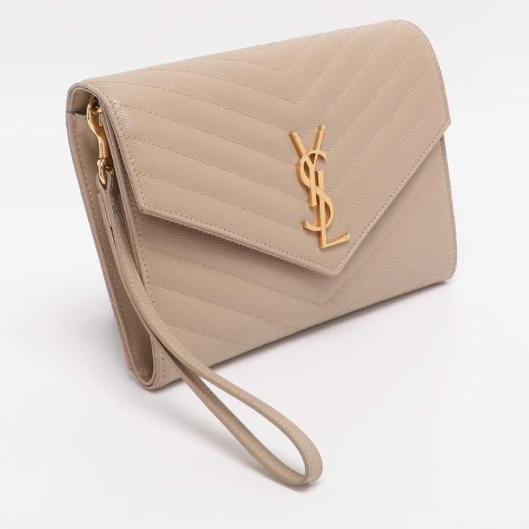 Pre Owned Saint Laurent Beige Chevron Leather Monogram Envelope Wristlet Clutch