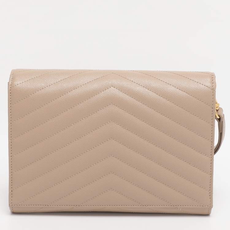 Pre Owned Saint Laurent Beige Chevron Leather Monogram Envelope Wristlet Clutch