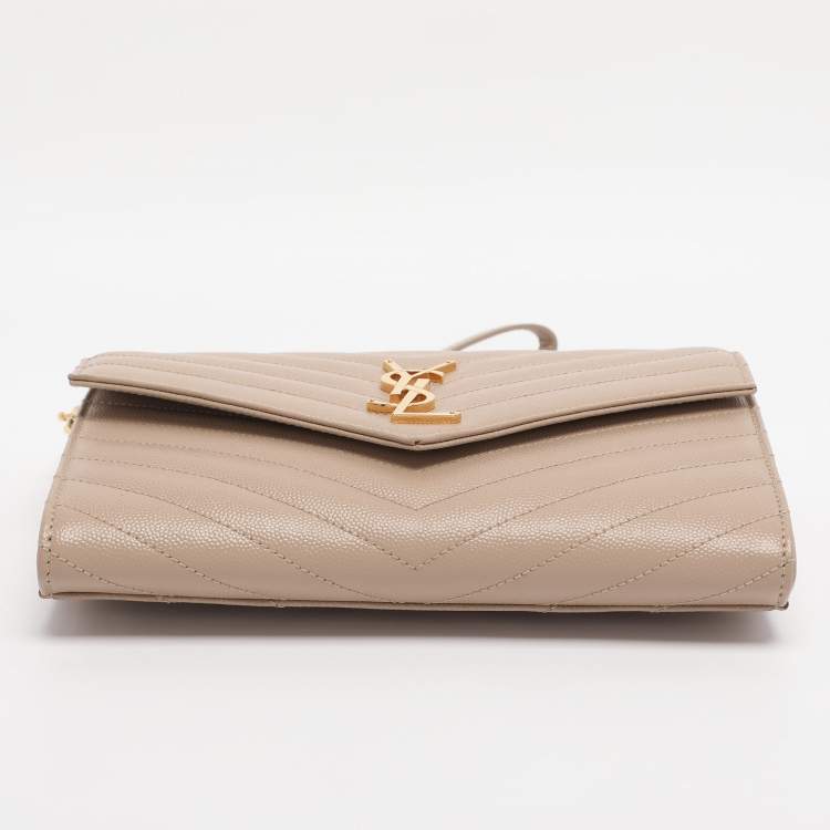 Pre Owned Saint Laurent Beige Chevron Leather Monogram Envelope Wristlet Clutch