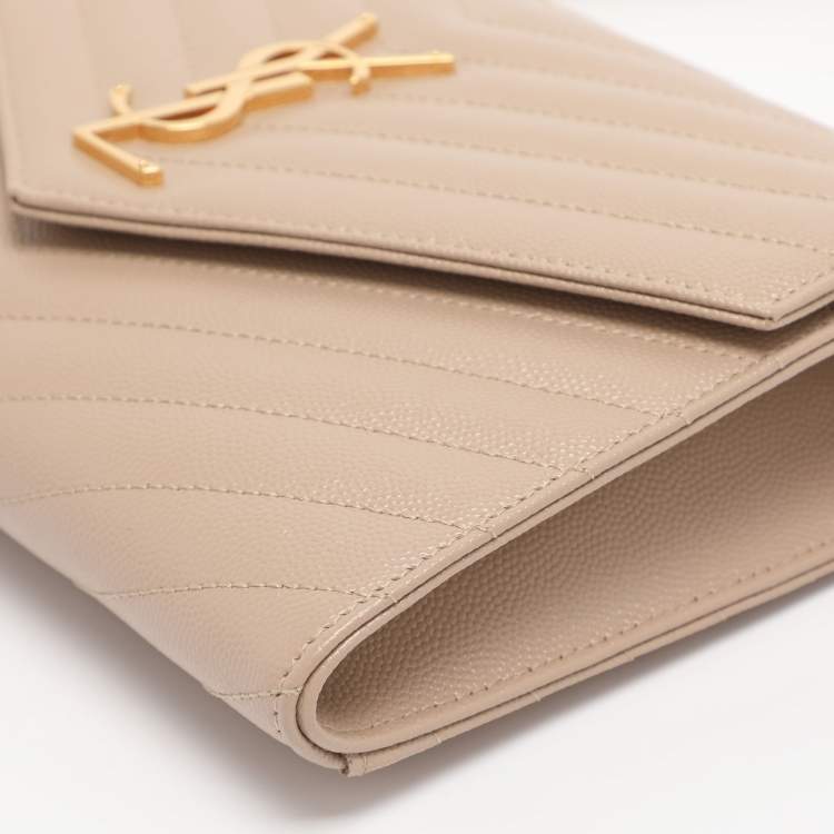 Pre Owned Saint Laurent Beige Chevron Leather Monogram Envelope Wristlet Clutch
