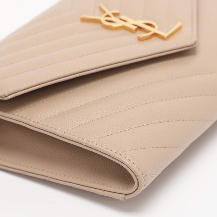 Pre Owned Saint Laurent Beige Chevron Leather Monogram Envelope Wristlet Clutch