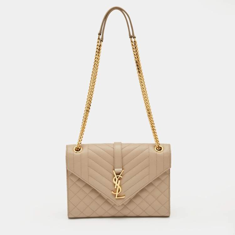 Pre Owned Saint Laurent Beige Mix Matelassé Leather Medium Envelope Chain Bag