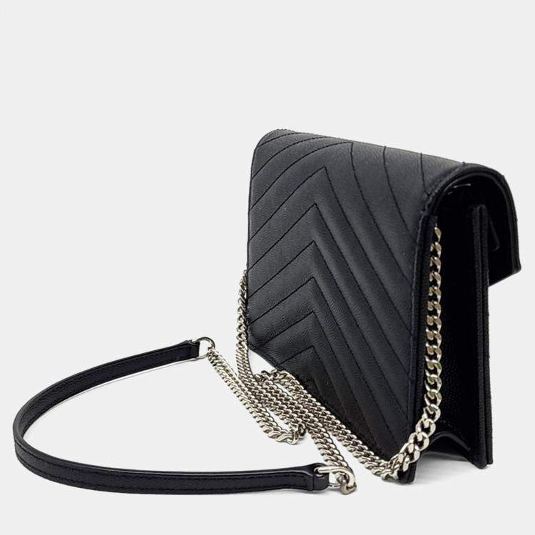 Pre Owned Saint Laurent Paris Black Leather Envelope Chain Shoulder Bag
