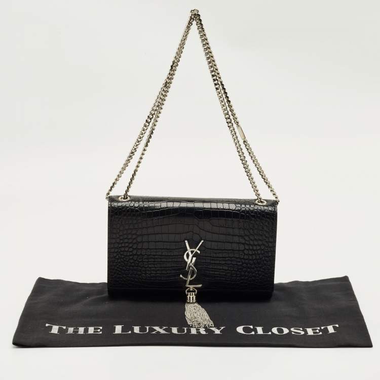 Pre Owned Saint Laurent Black Croc Embossed Leather Medium Kate Tassel Shoulder Bag