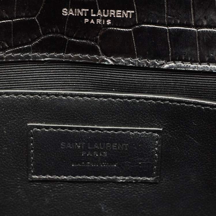 Pre Owned Saint Laurent Black Croc Embossed Leather Medium Kate Tassel Shoulder Bag
