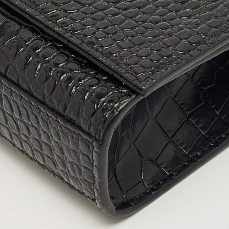 Pre Owned Saint Laurent Black Croc Embossed Leather Medium Kate Tassel Shoulder Bag