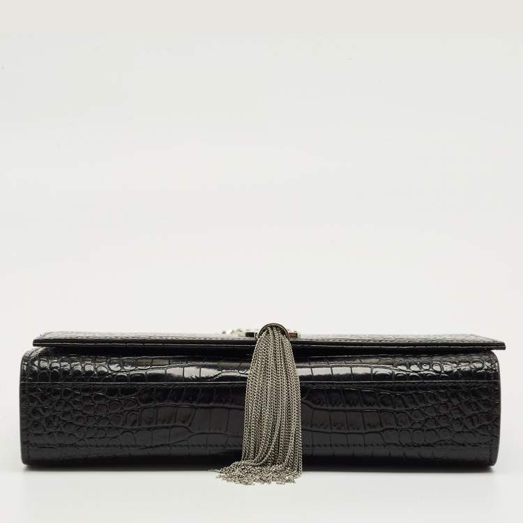 Pre Owned Saint Laurent Black Croc Embossed Leather Medium Kate Tassel Shoulder Bag
