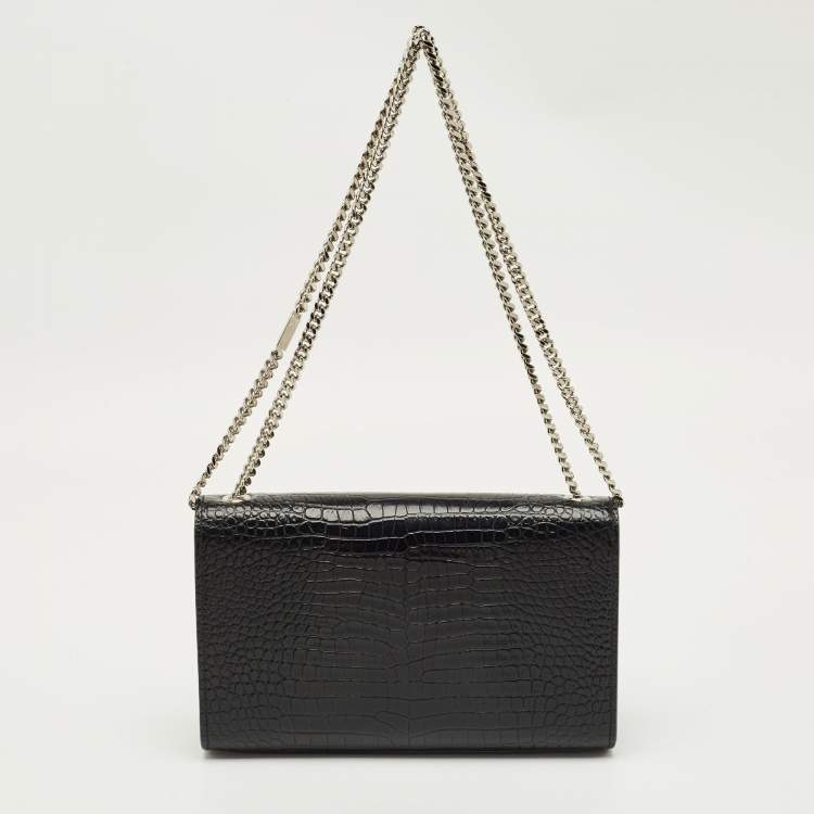 Pre Owned Saint Laurent Black Croc Embossed Leather Medium Kate Tassel Shoulder Bag