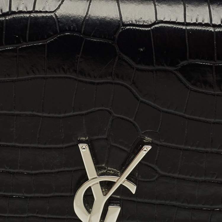 Pre Owned Saint Laurent Black Croc Embossed Leather Medium Kate Tassel Shoulder Bag