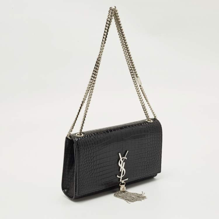 Pre Owned Saint Laurent Black Croc Embossed Leather Medium Kate Tassel Shoulder Bag