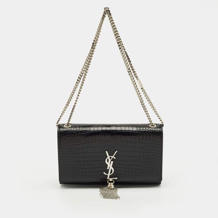Pre Owned Saint Laurent Black Croc Embossed Leather Medium Kate Tassel Shoulder Bag