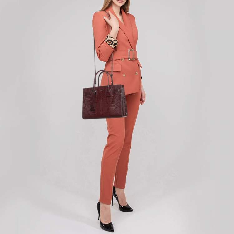 Pre Owned Saint Laurent Red Croc Embossed Leather Baby Classic Sac De Jour Tote