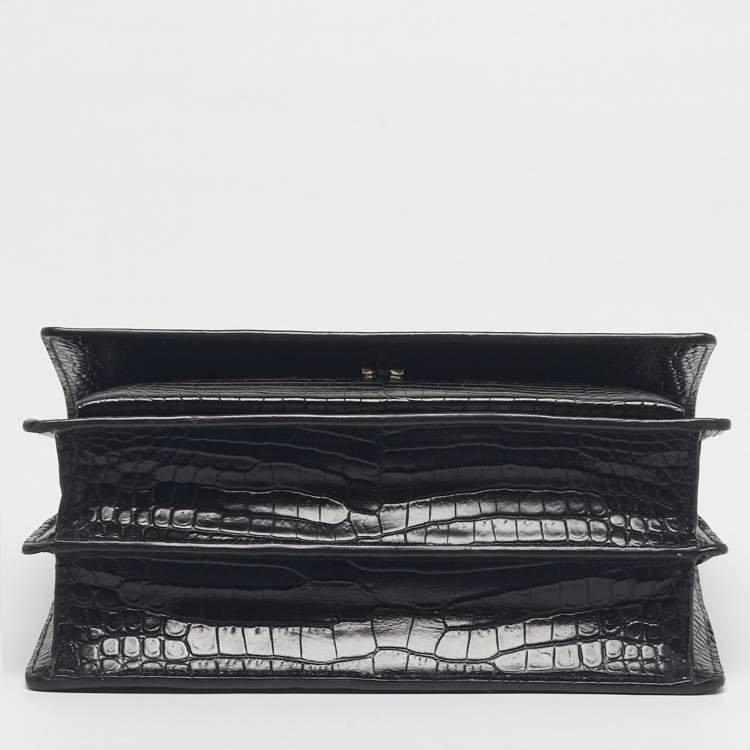 Pre Owned Saint Laurent Black Croc Embossed Leather Medium Sunset Shoulder Bag