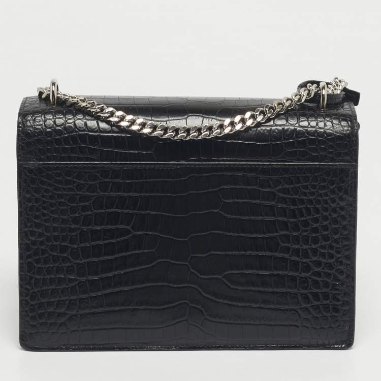 Pre Owned Saint Laurent Black Croc Embossed Leather Medium Sunset Shoulder Bag