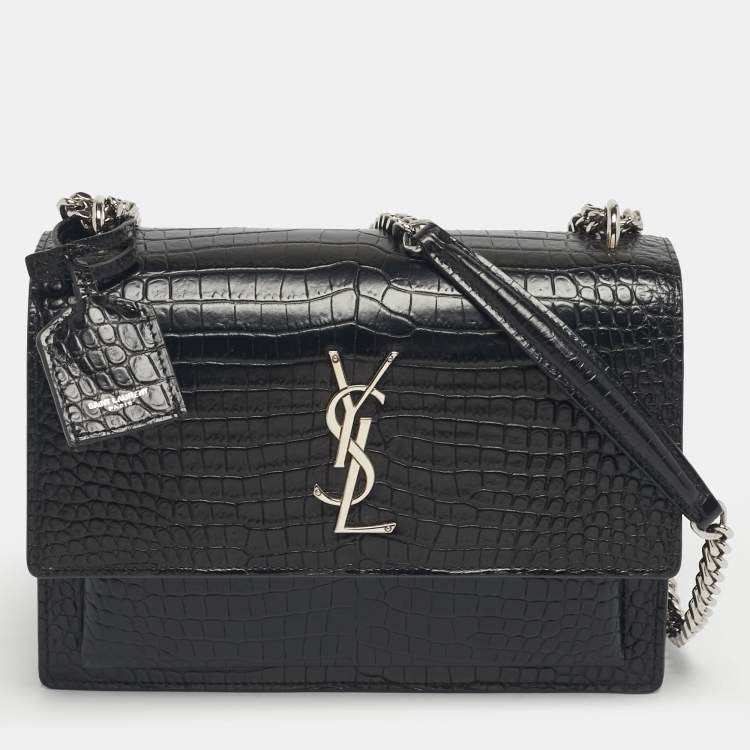 Pre Owned Saint Laurent Black Croc Embossed Leather Medium Sunset Shoulder Bag