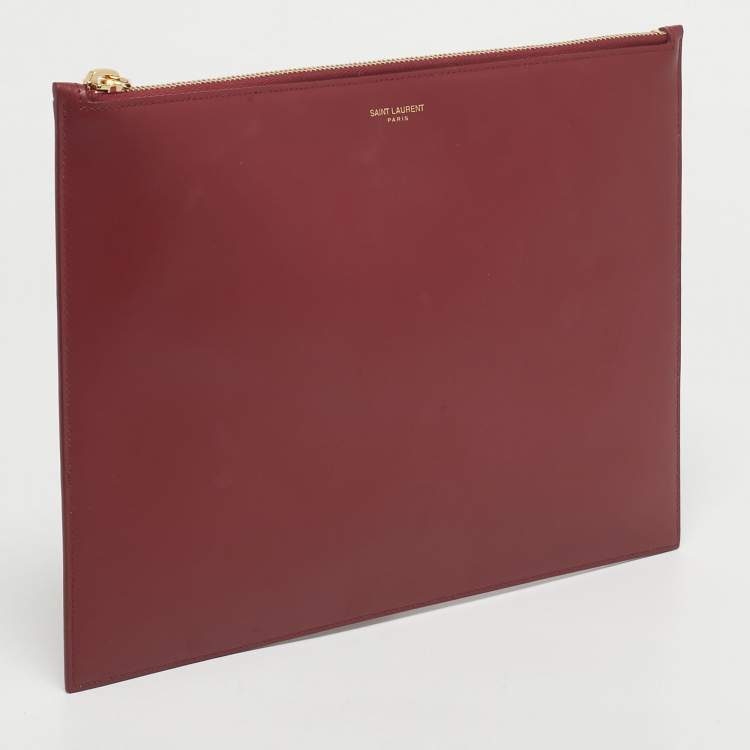 Pre Owned Saint Laurent Red Leather Zip Flat Pouch 