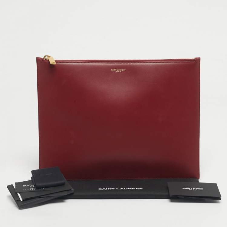 Pre Owned Saint Laurent Red Leather Zip Flat Pouch 