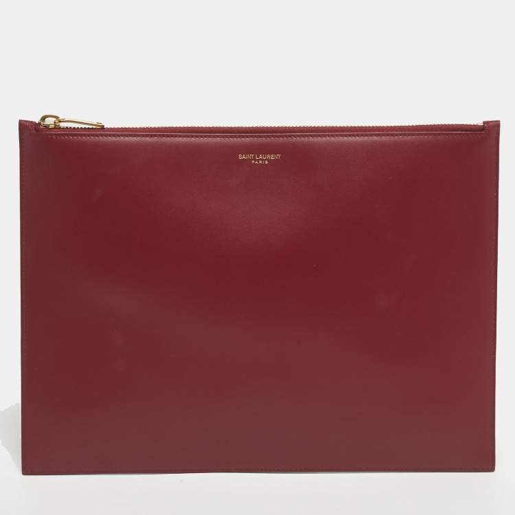 Pre Owned Saint Laurent Red Leather Zip Flat Pouch 
